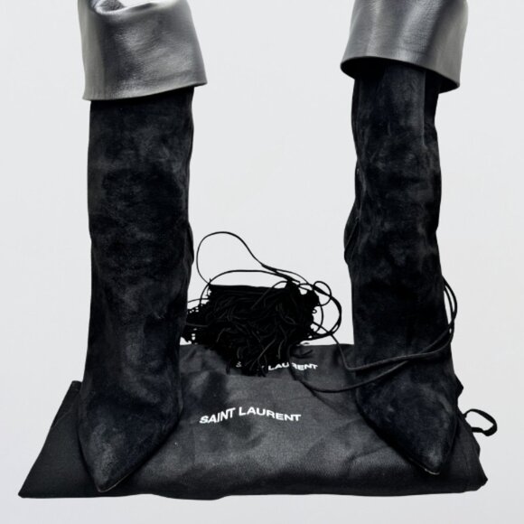 Saint Laurent YSL Meurice 105 Thigh High Boots Tassel Suede Leather Black W 37.5 - Picture 3 of 16